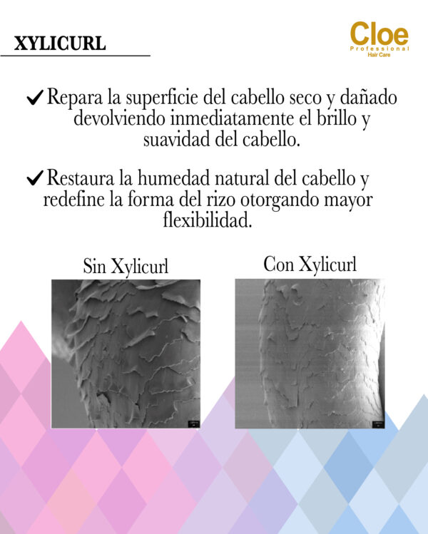 Comparación del cabello al microscopio con y sin Xylicurl, mostrando cómo este ingrediente repara la superficie del cabello seco y dañado, devolviendo brillo, suavidad y flexibilidad.
