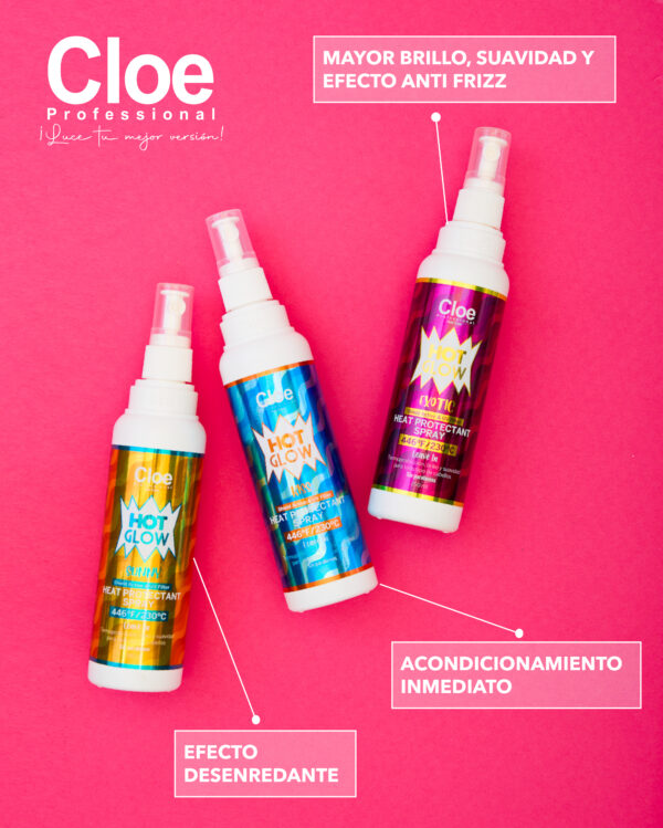 Tres botellas de Cloe Hot Glow Heat Protectant Spray sobre fondo rosado, con textos que resaltan brillo, efecto anti frizz, desenredado y acondicionamiento inmediato.