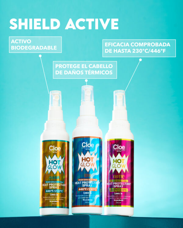 Tres botellas de Cloe Hot Glow Heat Protectant Spray en diferentes versiones (Sunny, Kiss y Exotic) sobre fondo celeste, con textos informativos sobre sus beneficios.