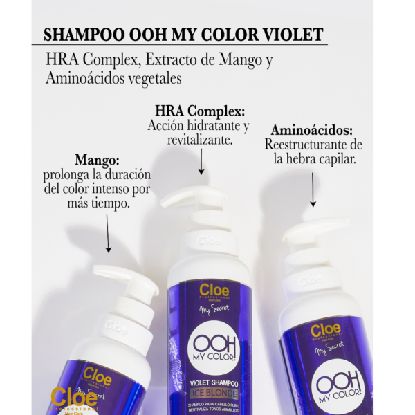 Imagen de tres botellas del shampoo Cloe OOH My Color Violet Ice Blonde sobre fondo blanco, con texto resaltando sus beneficios e ingredientes como mango, HRA Complex y aminoácidos.