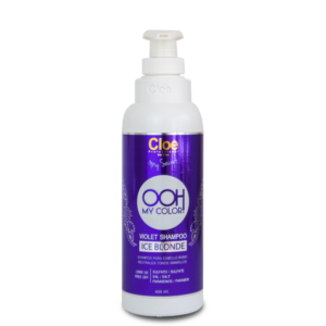 Botella de shampoo Cloe OOH My Color Violet Shampoo Ice Blonde de 400 ml con dispensador blanco y etiqueta morada, sobre fondo blanco.