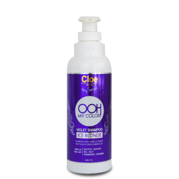 Botella de shampoo Cloe OOH My Color Violet Shampoo Ice Blonde de 400 ml con dispensador blanco y etiqueta morada, sobre fondo blanco.