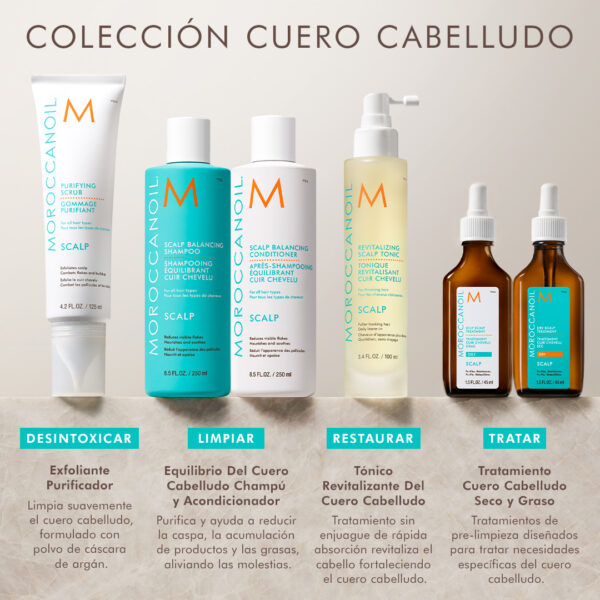 Línea completa Moroccanoil Scalp con exfoliante, shampoo, acondicionador, tónicos y tratamientos para cuero cabelludo