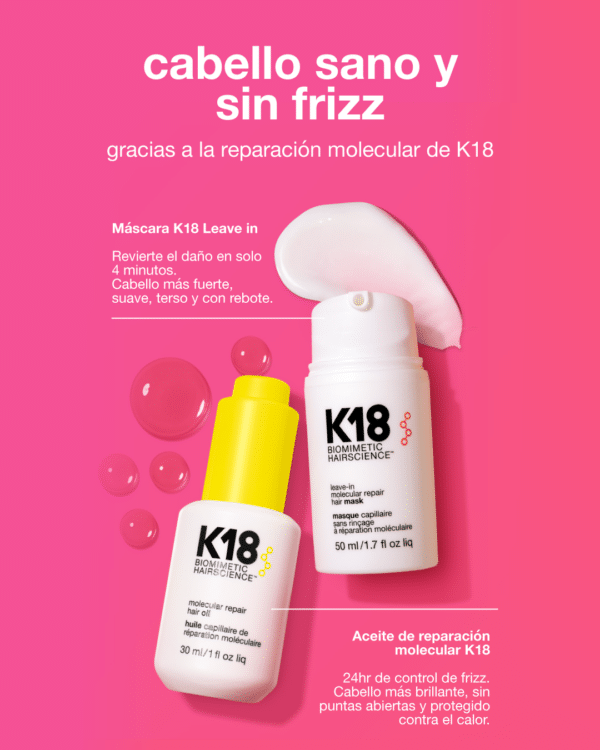 Botella de aceite capilar K18 Molecular Repair y mascarilla K18 Leave-in sobre fondo rosado. Incluye gotas, producto aplicado y textos informativos en color blanco.