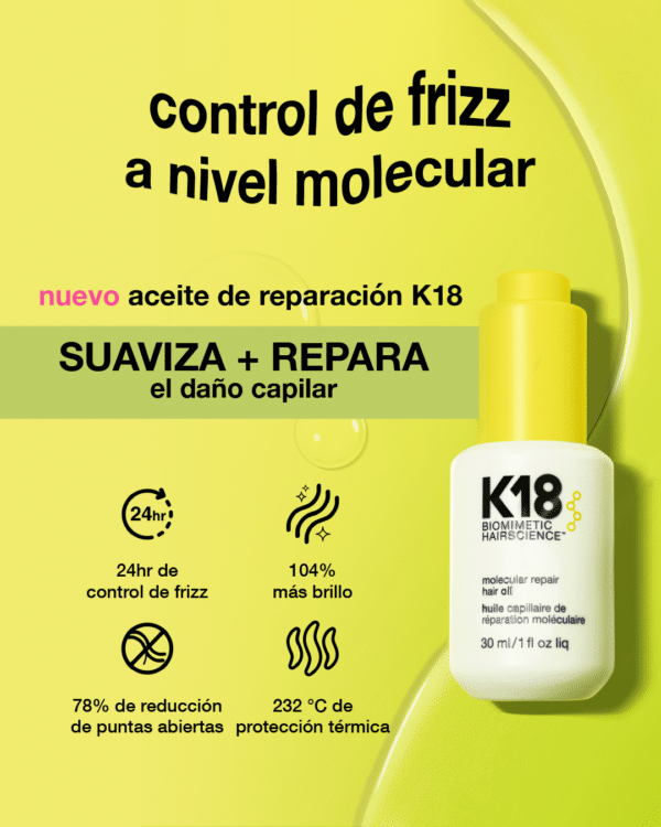 Botella de aceite capilar K18 Molecular Repair de 30 ml sobre fondo amarillo, acompañada de iconos y texto en negro destacando beneficios como control de frizz, brillo y protección térmica.