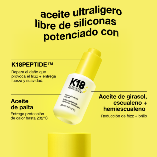 Botella de aceite capilar K18 Molecular Repair inclinada sobre fondo amarillo. La imagen incluye texto destacando ingredientes y beneficios como K18Peptide, aceite de palta, girasol y escualeno.