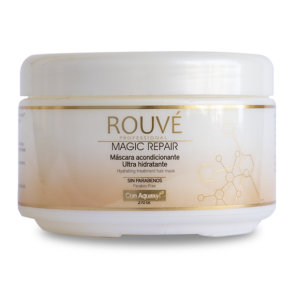 Imagen recortada de un envase de mascarilla Rouvé Magic Repair de 270 gramos sobre fondo blanco, destacando el diseño dorado y blanco.