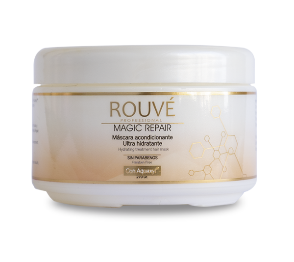 Imagen recortada de un envase de mascarilla Rouvé Magic Repair de 270 gramos sobre fondo blanco, destacando el diseño dorado y blanco.