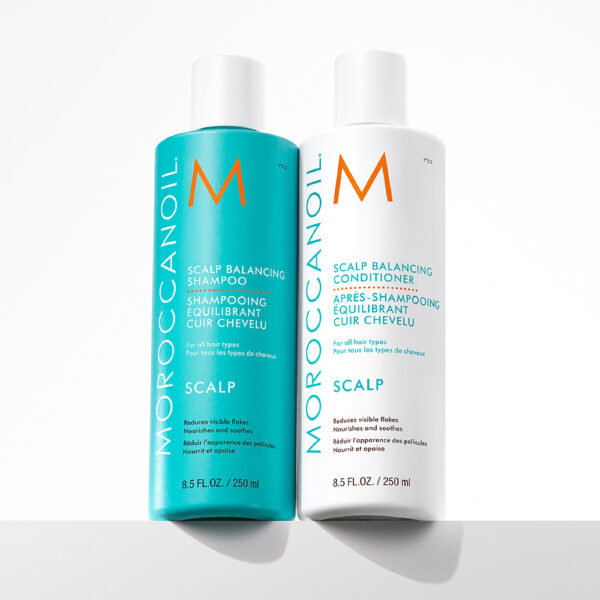 Texto alternativo (alt): Shampoo y Acondicionador Scalp Moroccanoil de 250ml sobre fondo blanco