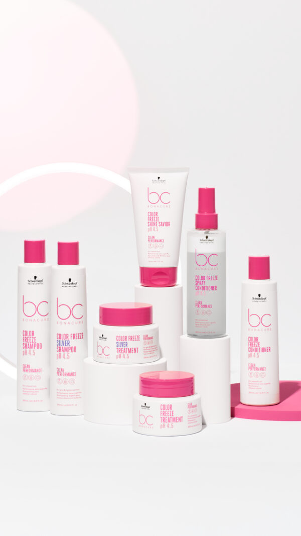 Gama completa de productos Schwarzkopf Bonacure Color Freeze pH 4.5, incluyendo shampoo, acondicionador, tratamientos y spray para cabellos teñidos, diseñados para mantener el color y proteger el cabello.