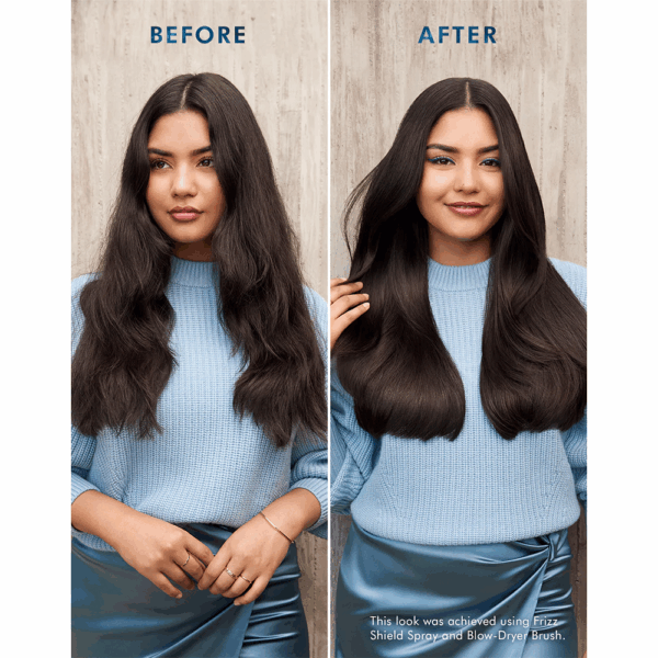 Resultados antes y después de usar el Spray Frizz Shield y secador de pelo.