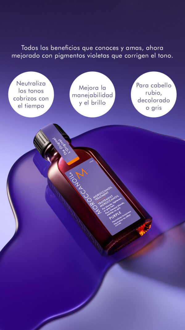 Tratamiento Moroccanoil Purple sobre fondo violeta con beneficios