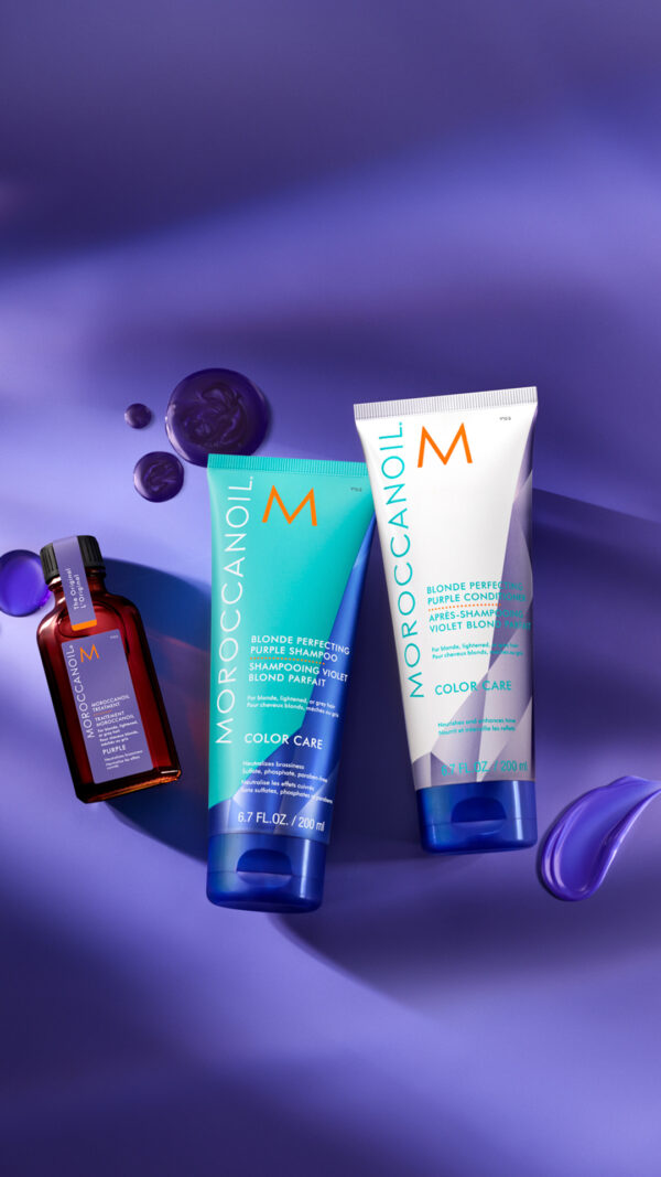 Kit Moroccanoil Purple con shampoo, acondicionador y tratamiento